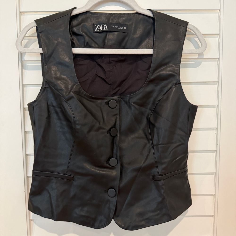 Zara Biker Faux Leather Vest Top Sz S Black Goth Edgy Shirt